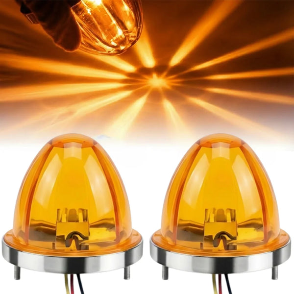 Two orange-tinted LED marker lights for trucks and trailers shown against a bright background.