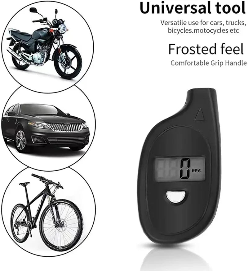 A black digital tire pressure gauge with a frosted grip handle shown next to various vehicles.