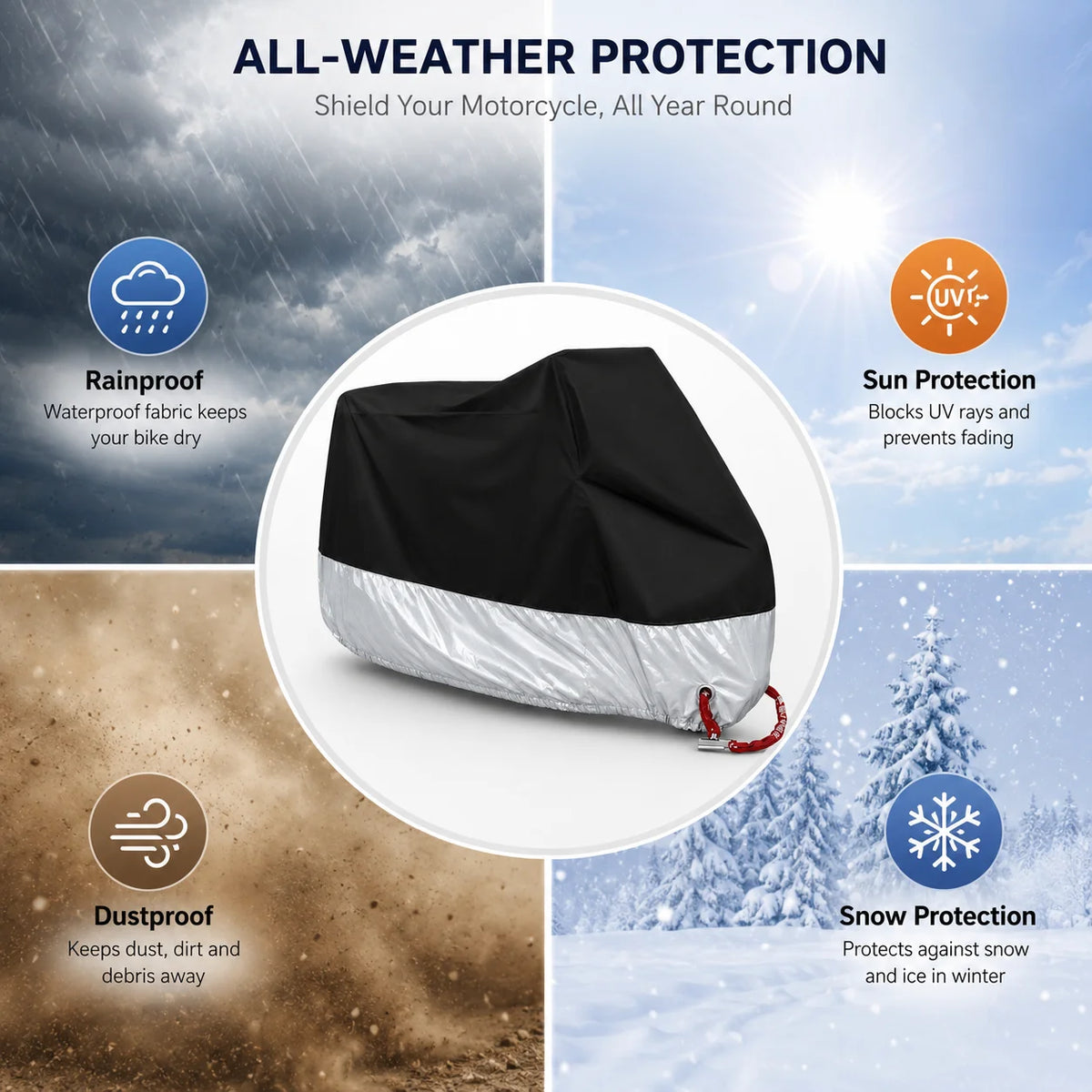 Cubierta protectora todoterreno negra y plateada para motocicleta o scooter, diseñada para proteger contra lluvia, sol, polvo