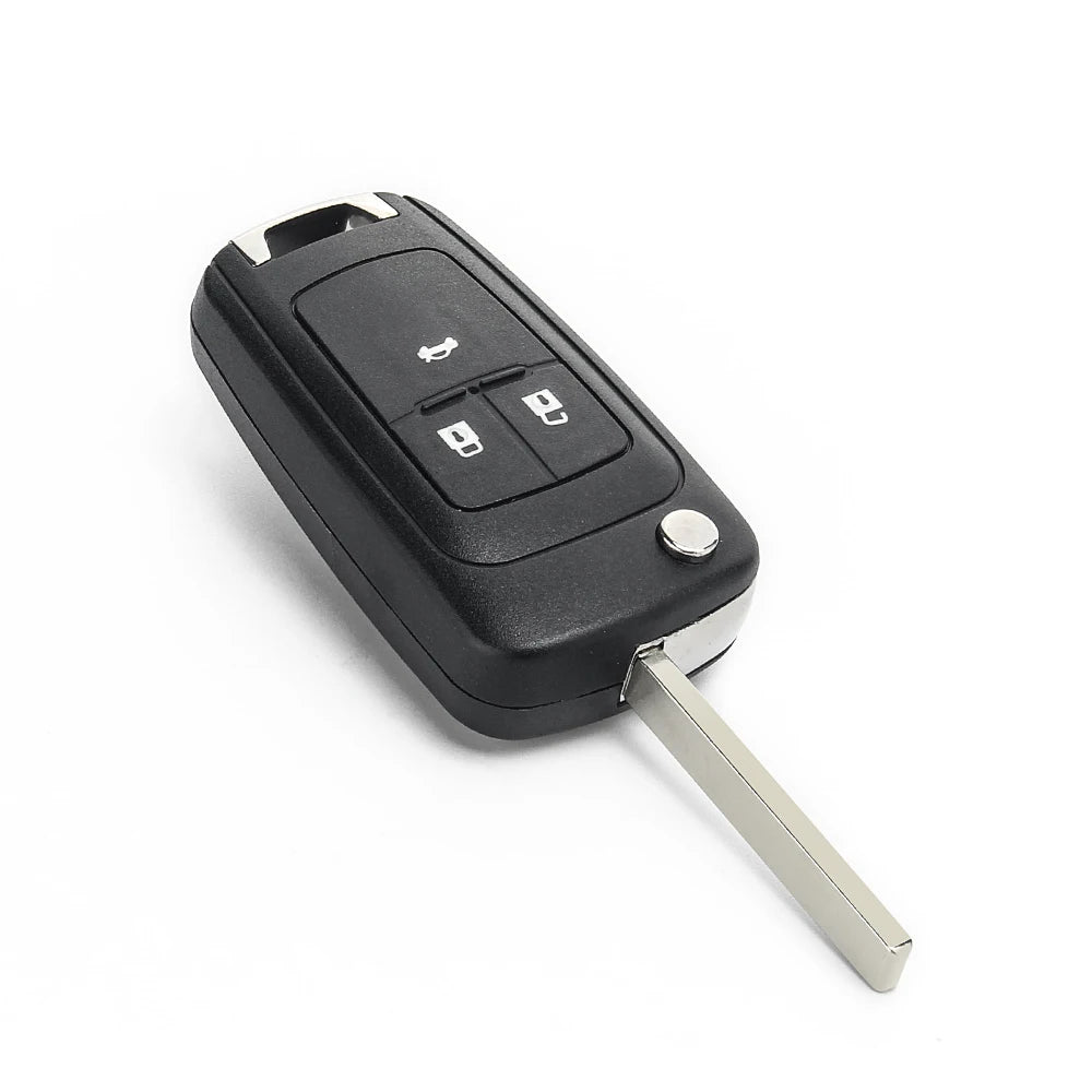 Black flip remote car key with buttons and metal blade for Chevrolet, Opel, and Vauxhall models