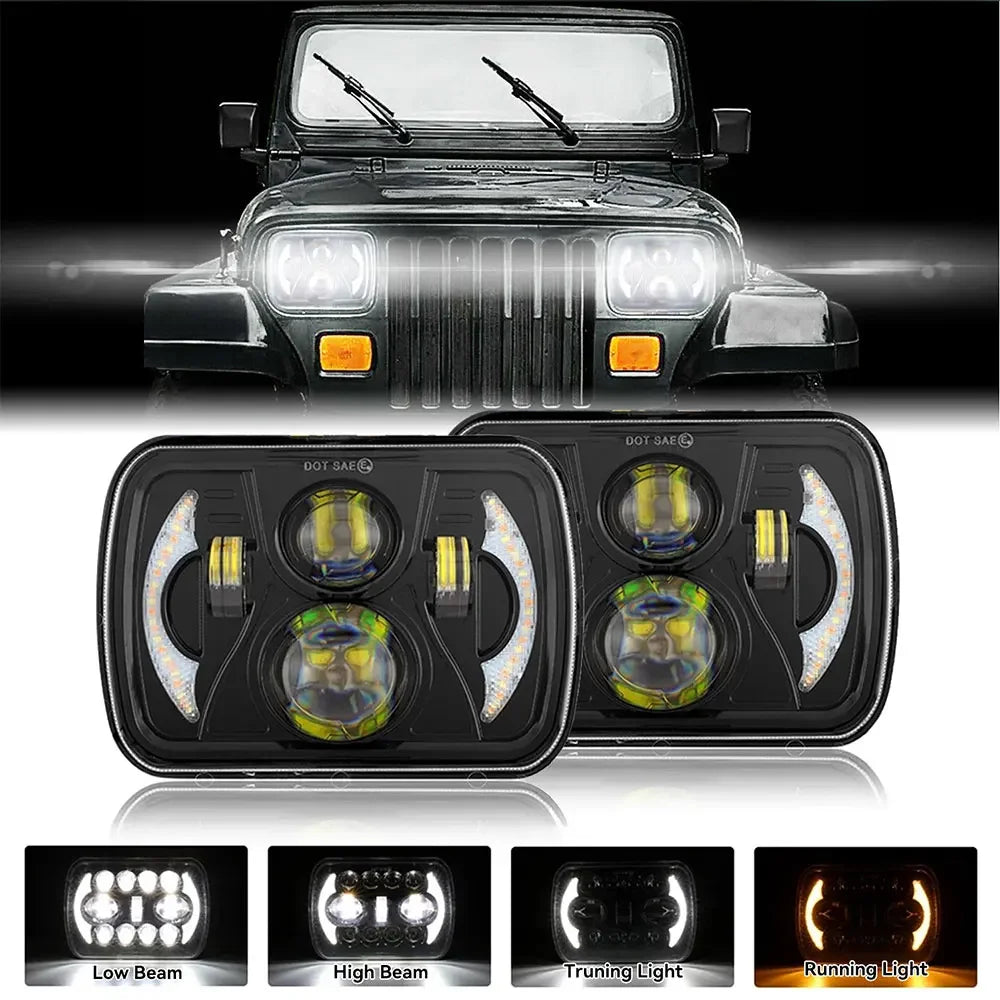 A set of square LED headlights and turn signals for a vehicle, showing low beam, high beam, truning light, and running light 