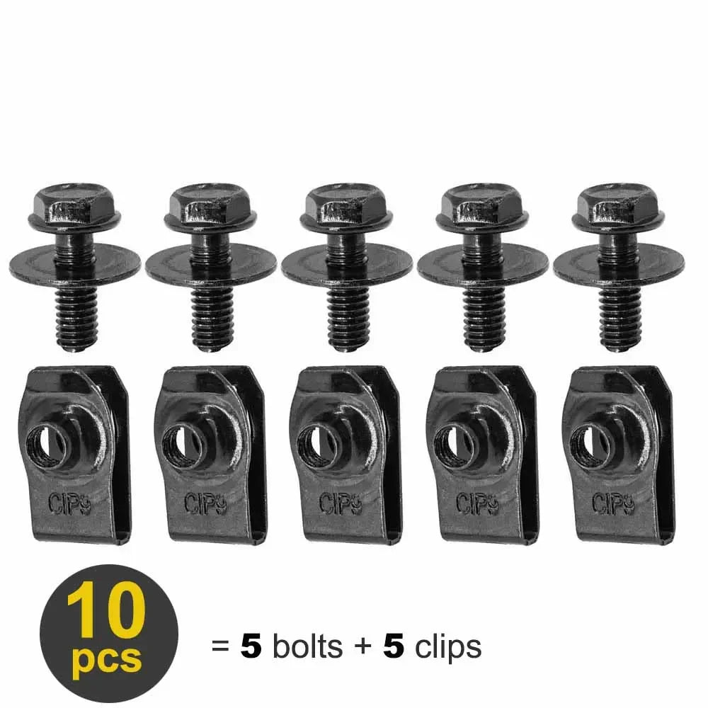 Un jeu de 10 fixations et clips pour carrosserie, composé de 5 boulons et 5 clips.
