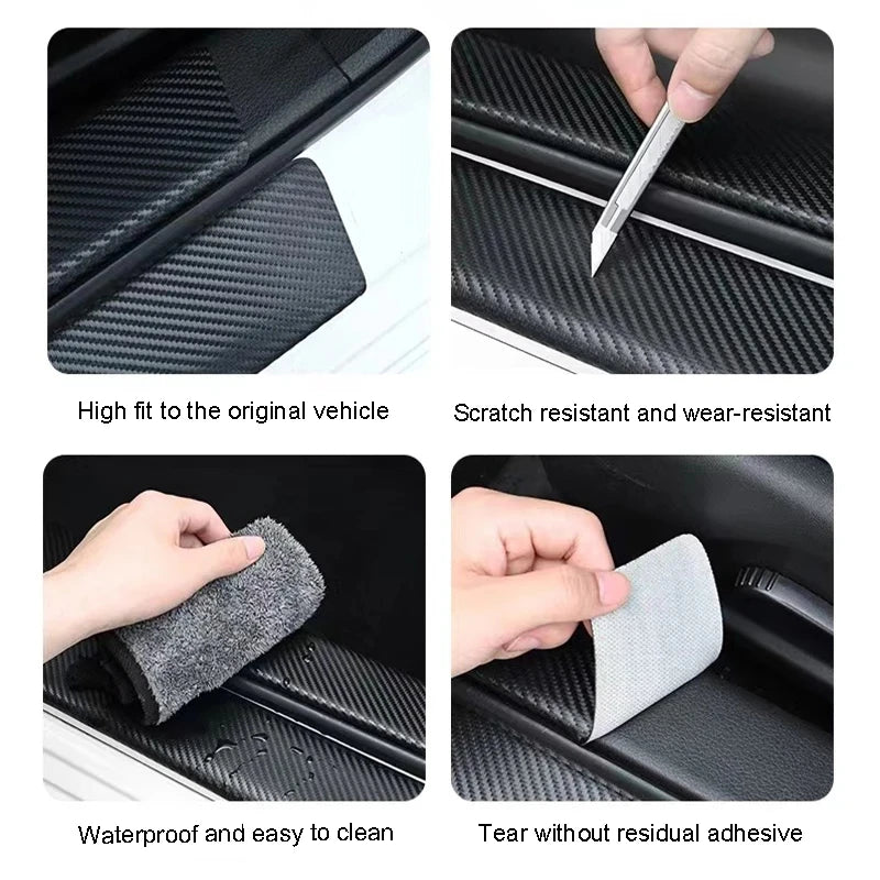 Carbon fiber door sill protectors shown with features like fit, scratch resistance, waterproof cleaning, and tear-resistant a