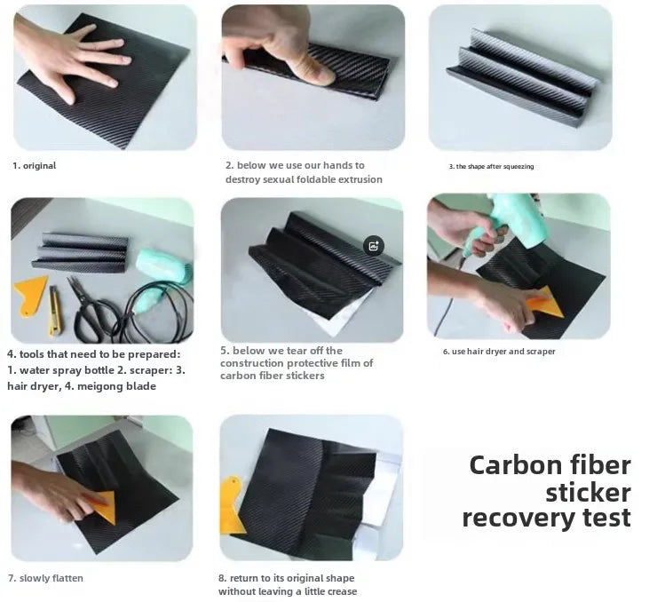 Serie de pasos mostrando el proceso para aplicar y probar una película adhesiva de fibra de carbono en una guarda de puerta.