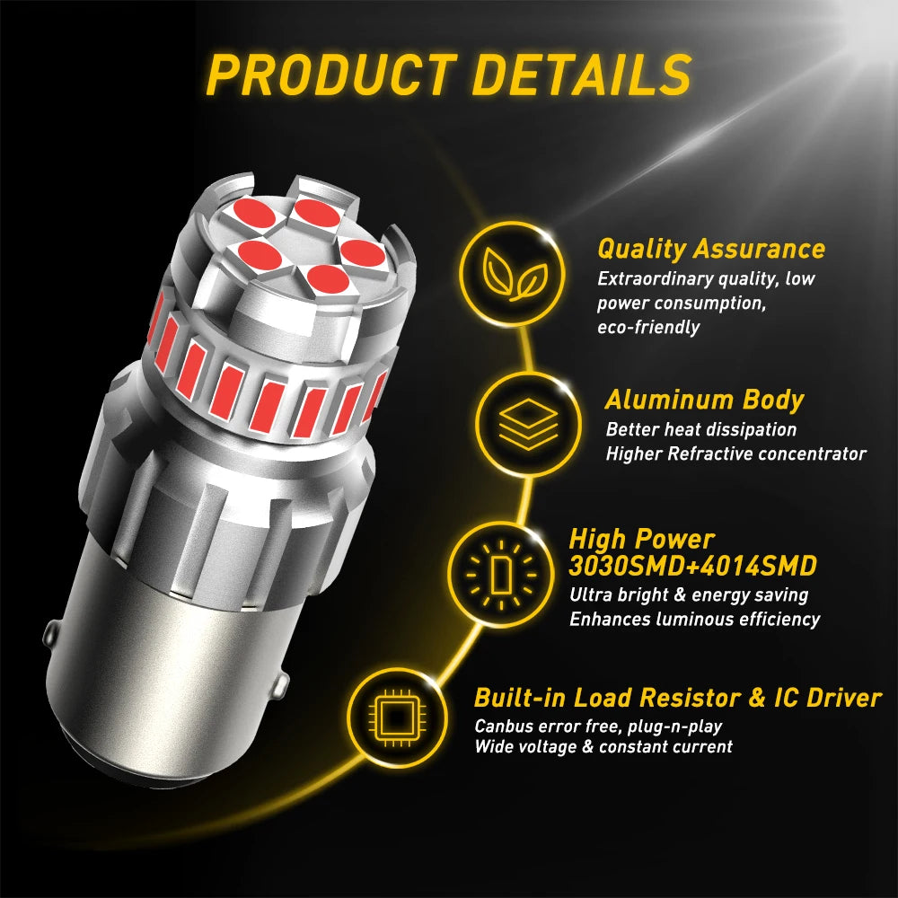 A silver LED brake and reverse light bulb with a multi-faceted lens and detailed product features listed.