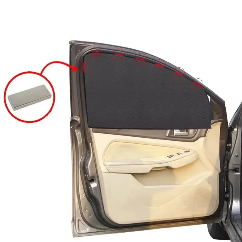 A magnetic car window sunshade is shown being installed in a vehicle door frame.