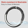 Black and white stain-resistant steering wheel cover shown in a circular view with water splashing around it.