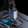 A silver retractable car charger with dual USB ports is shown plugged into a vehicle's charging port.