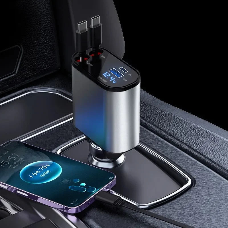 A silver retractable car charger with dual USB ports is shown plugged into a vehicle's charging port.