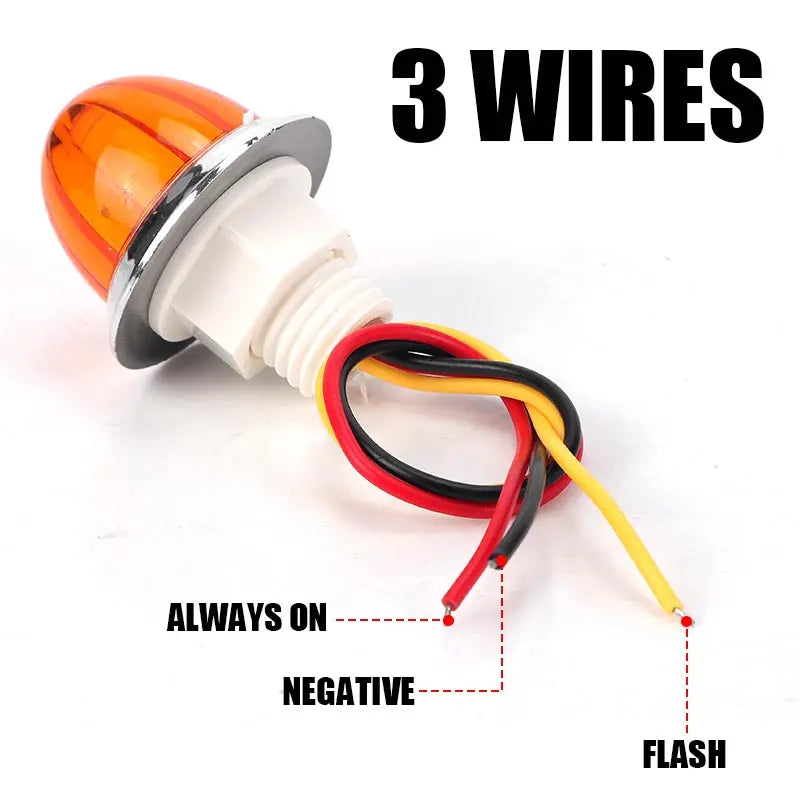 A mini LED flashing turn signal light with three wires, showing connections for always on, negative, and flash functions.