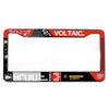 A black aluminum license plate frame with white text and a red border for US cars.