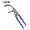 A pair of gray and blue adjustable oil filter pliers or wrench.