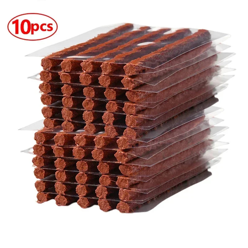 A pack of 10 natural rubber tire repair strips stacked in rows.