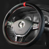 A black universal car steering wheel cover with red stitching and a central airbag hub.