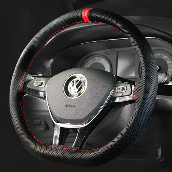 A black universal car steering wheel cover with red stitching and a central airbag hub.