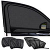 Black mesh car window sun shades shown in various folded and installed configurations