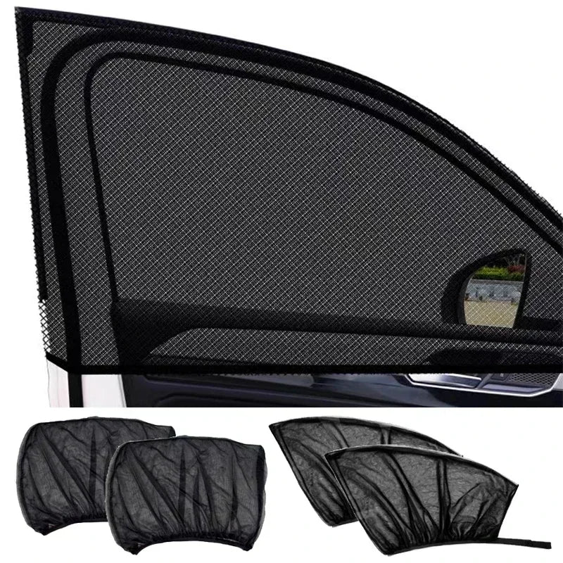 Black mesh car window sun shades shown in various folded and installed configurations