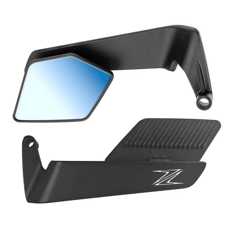 A black adjustable motorcycle side mirror assembly with a reflective glass surface and mounting bracket.
