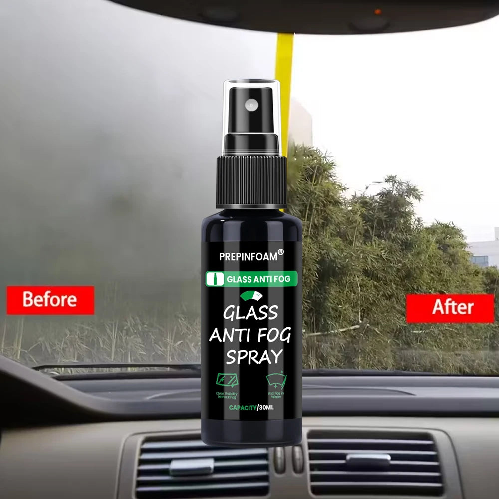 A bottle of glass anti fog spray is shown in a car interior, demonstrating before and after results.