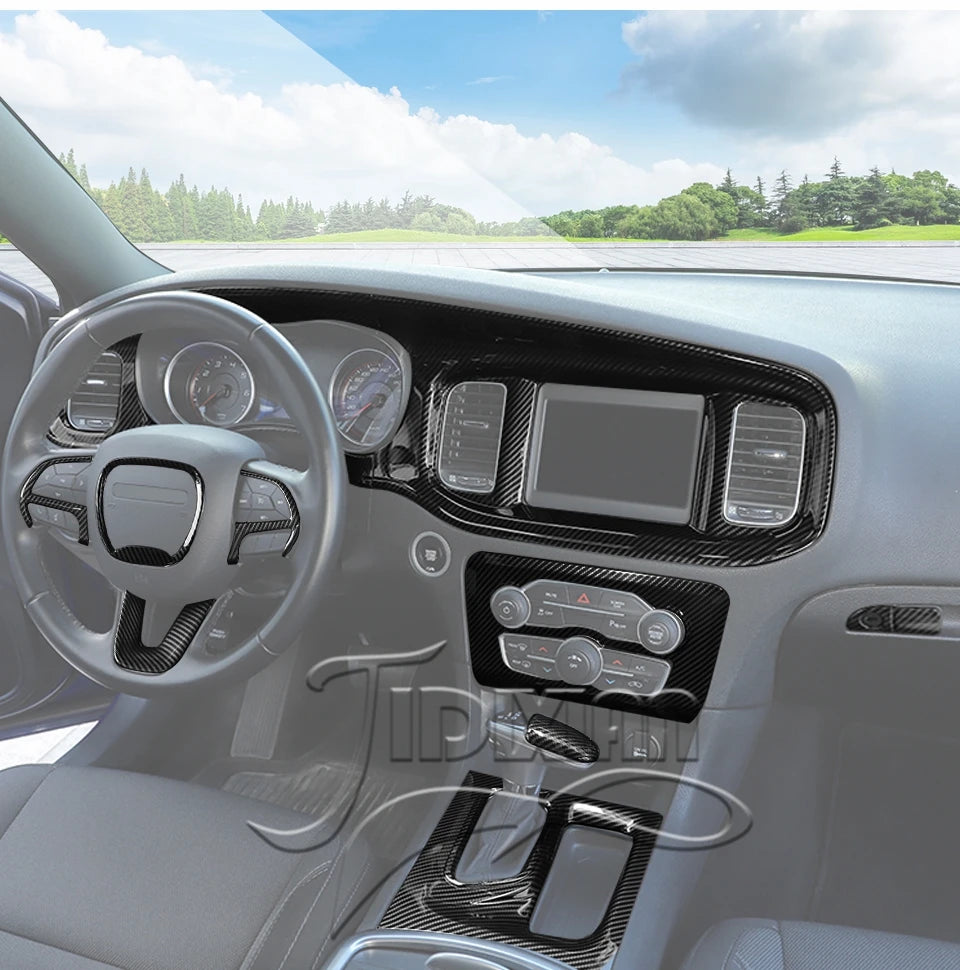 Interior view of a Dodge Charger showing carbon fiber trim and custom dashboard accents.