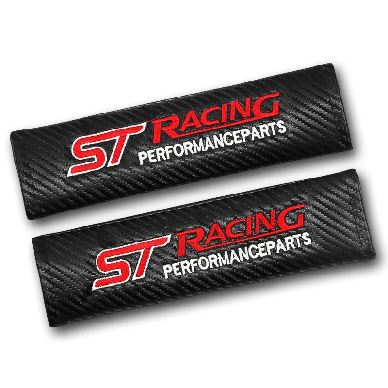 Black carbon fiber racing seat belt shoulder pad cover with red and white lettering