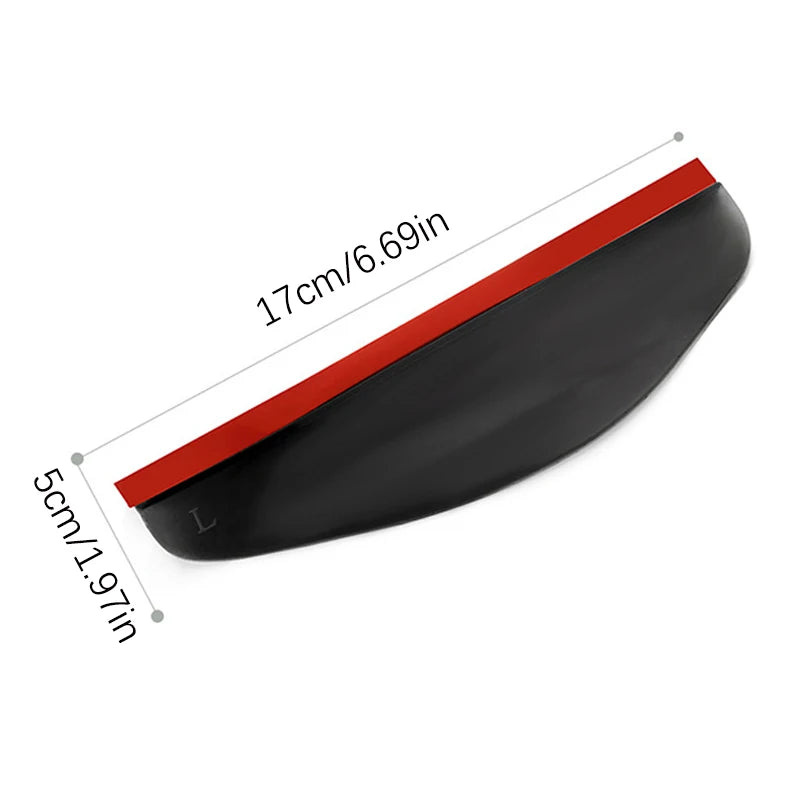 Black universal car rearview mirror rain and dust visors with measurements shown.