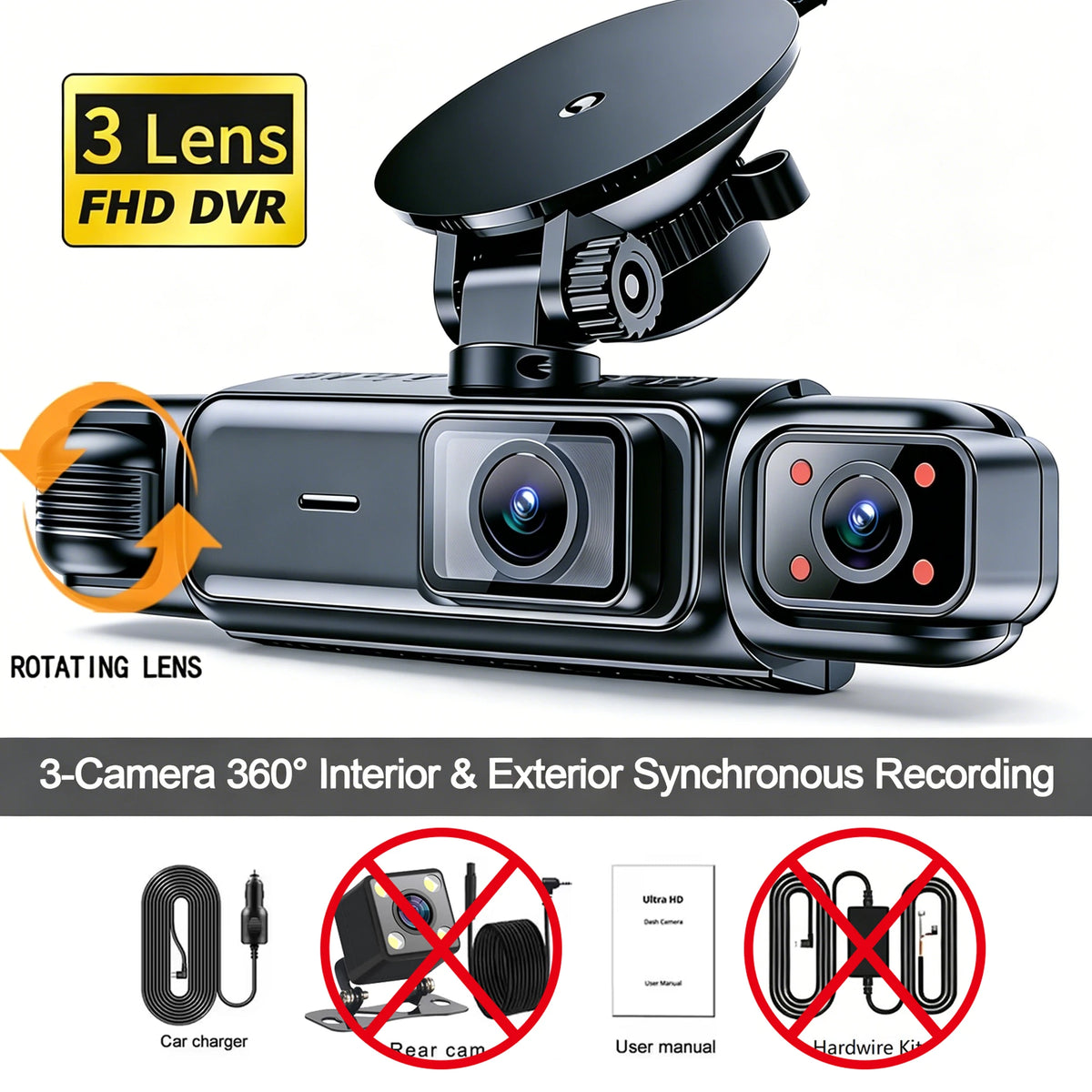 Caméra dashcams noire rotative avec trois lentilles pour enregistrement simultané 360° intérieur/extérieur.