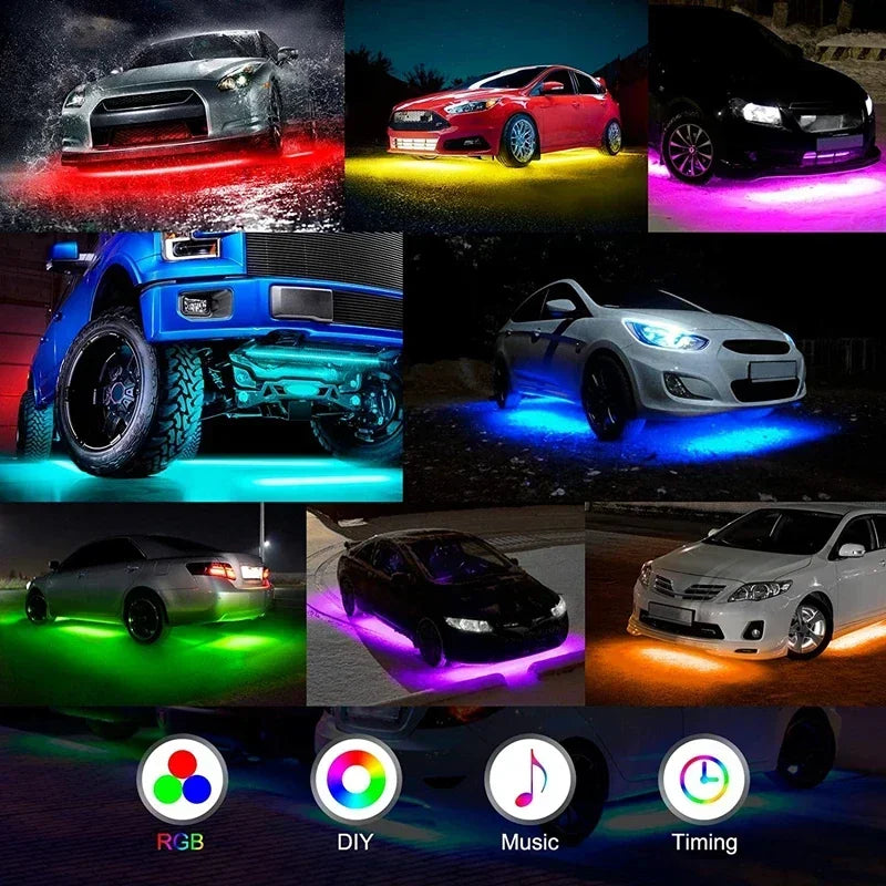 A collection of cars featuring dynamic RGB underglow LED strip lights, demonstrating various color effects and timing.
