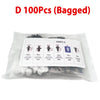 Bagged set of 100 universal auto fastener clips for trim and body repair with identification labels