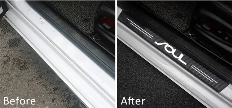 Before and after comparison of a carbon fiber door sill protector with a custom logo installed on a car door.