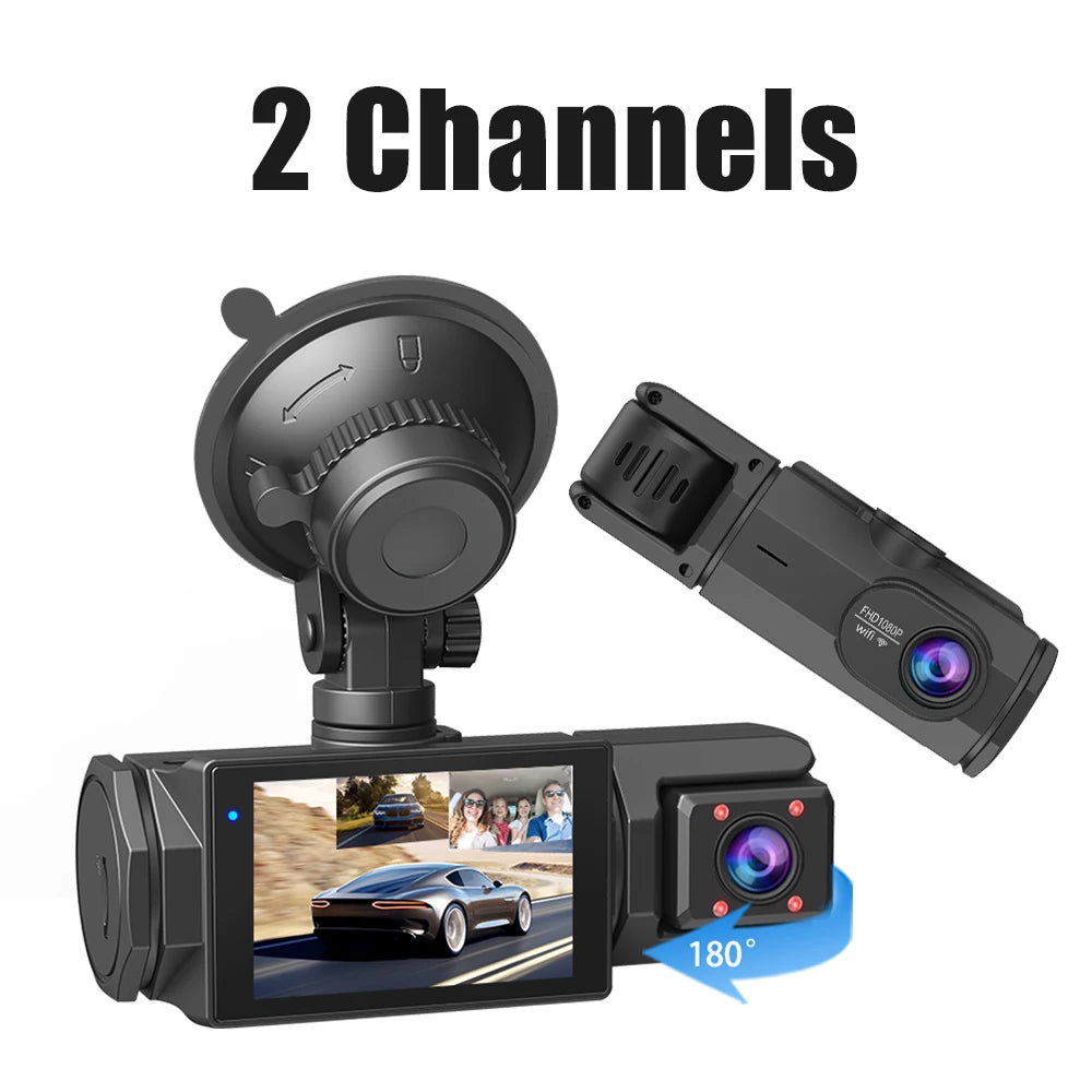 A black dash cam device with a lens, showing an interior view and an exterior shot, demonstrating 2 channels.