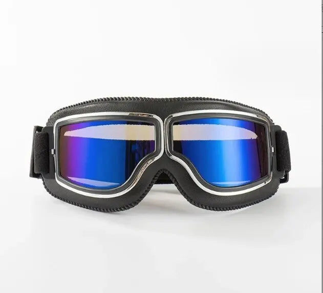 A pair of black retro folding motorcycle windproof glasses with blue reflective lenses.