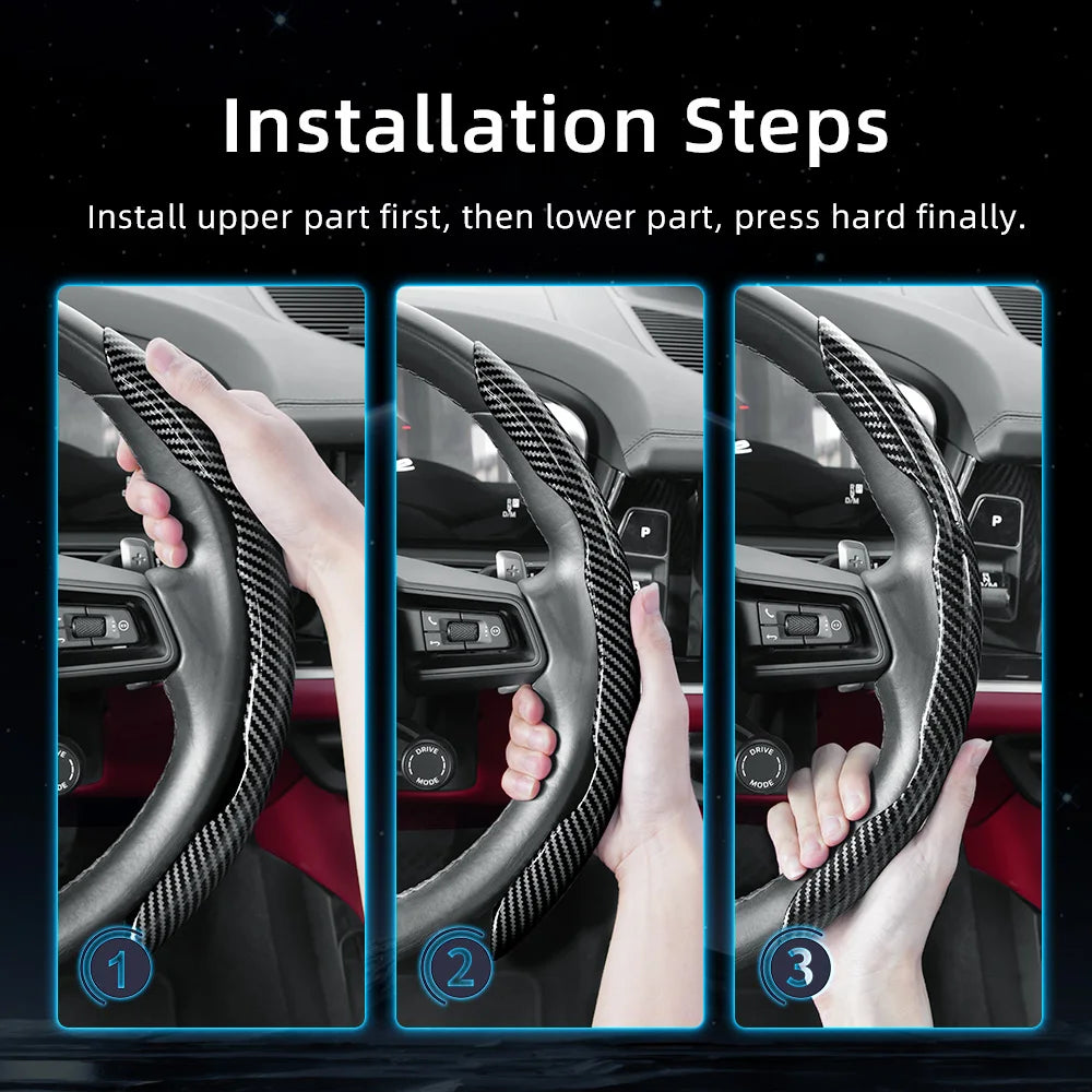 Three steps showing how to install a carbon fiber texture steering wheel cover on a car steering wheel.
