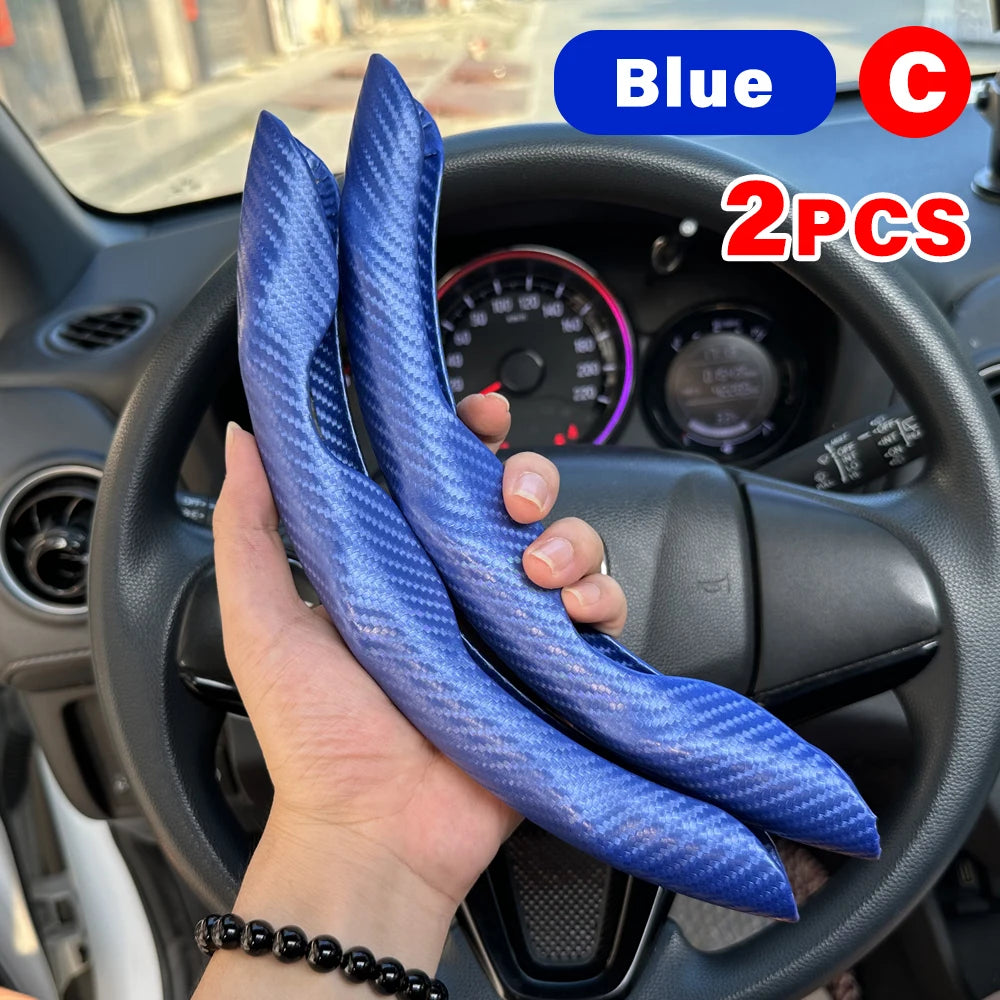 Blue leather steering wheel booster covers for a car, showing two pieces.