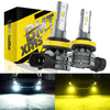 A box of BMT XMS LED bulbs and two automotive fog lights demonstrating bright illumination.