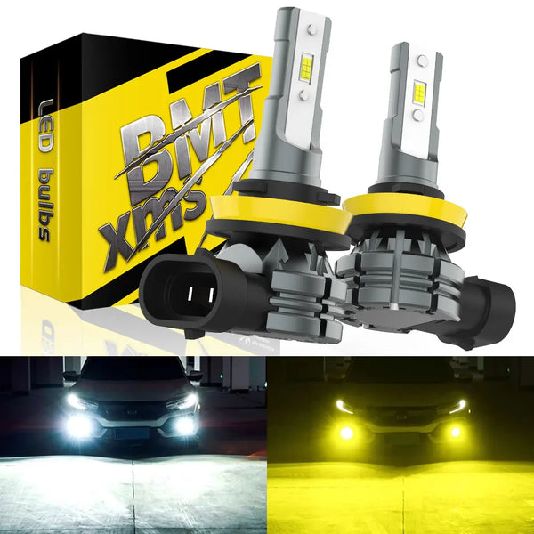 A box of BMT XMS LED bulbs and two automotive fog lights demonstrating bright illumination.