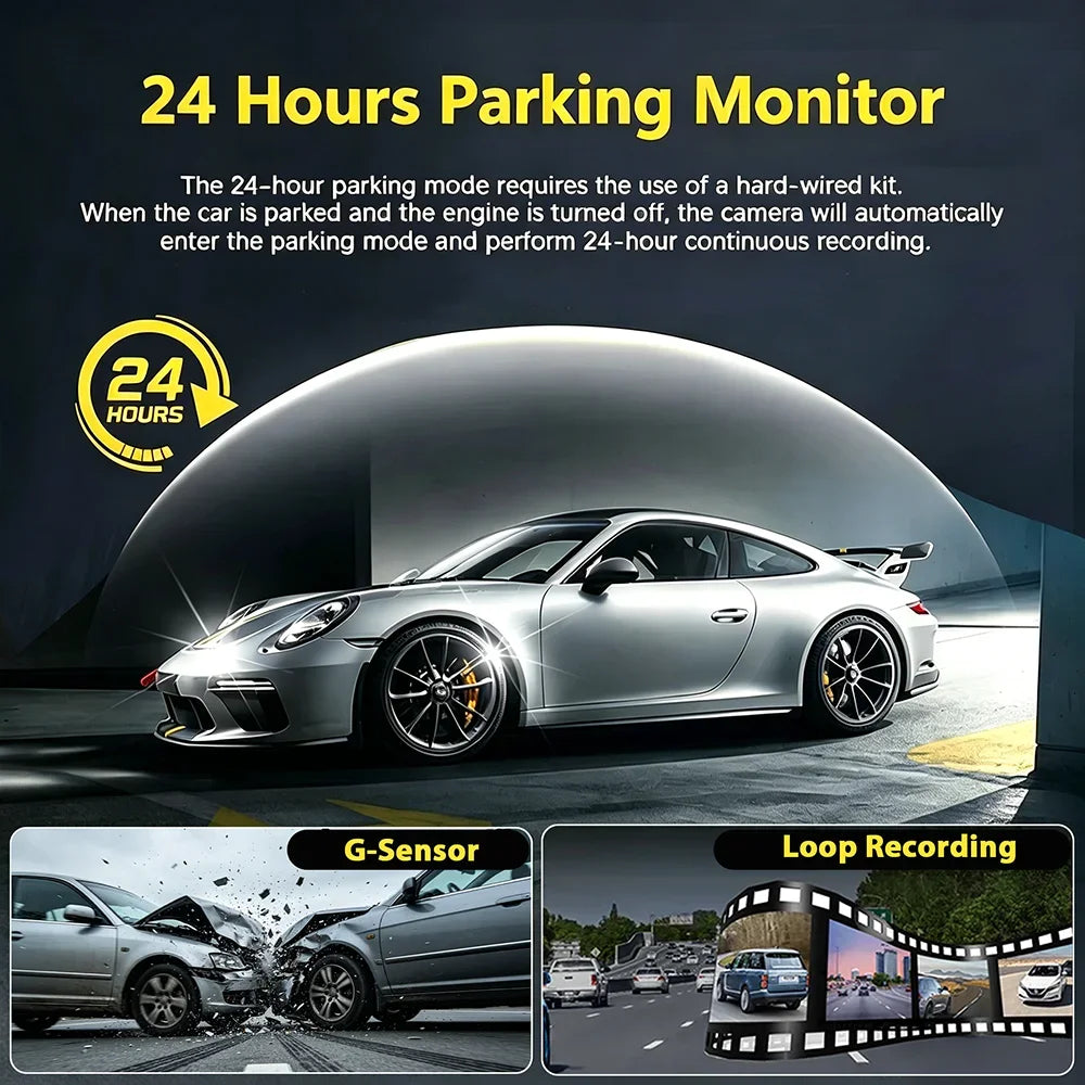 A silver Porsche sports car is shown in a dark setting, demonstrating the 24-hour parking monitoring feature.