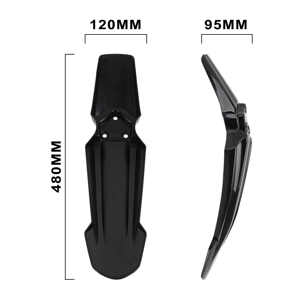 Black universal motorcycle fender for e-bikes shown in side and top views