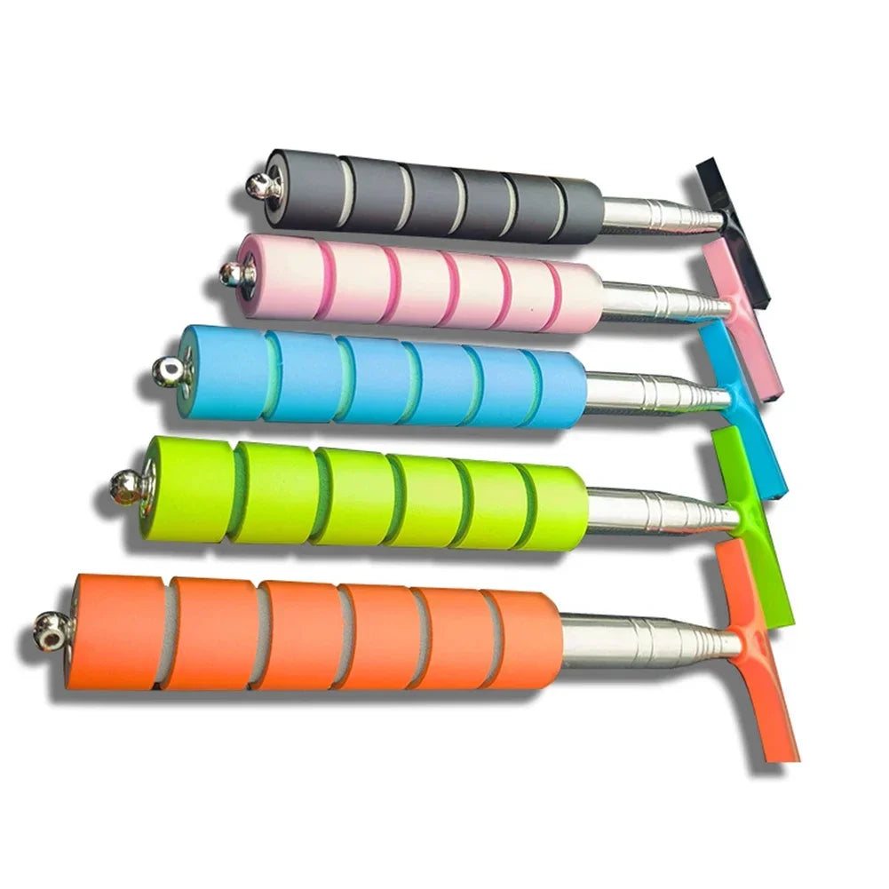 A set of five telescopic window squeegees in various colors including gray, pink, blue, lime green, and orange.