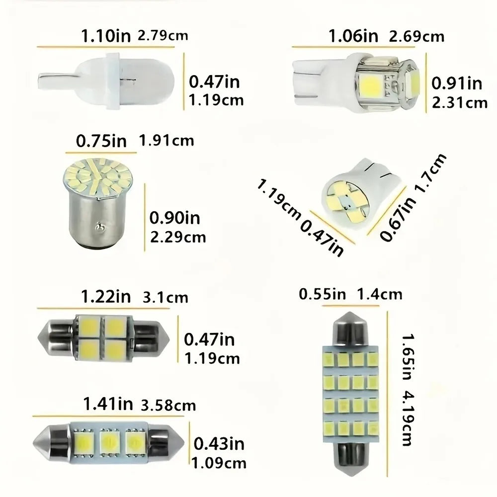 Diverses tailles de kits d'éclairage intérieur automobile LED haute performance avec dimensions.