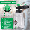 A clear bottle with a water regulator knob and connector for a heavy duty pressure washer foam lance.