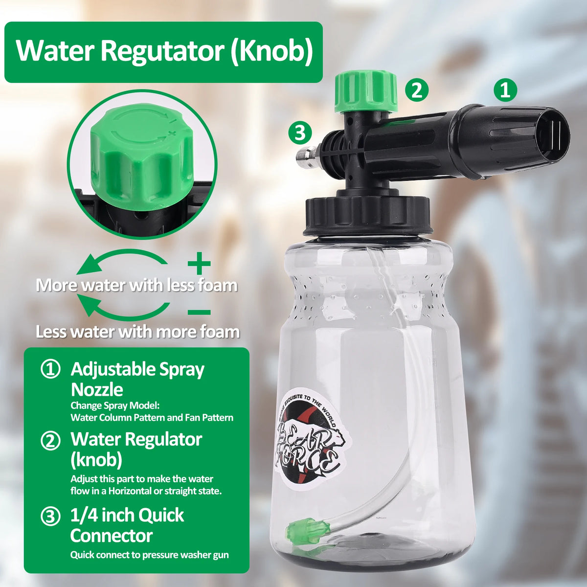 A clear bottle with a water regulator knob and connector for a heavy duty pressure washer foam lance.