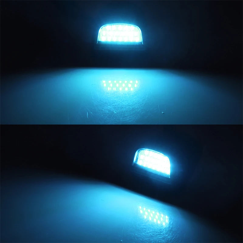 A high-intensity LED license plate light illuminates a bright beam on a dark surface.