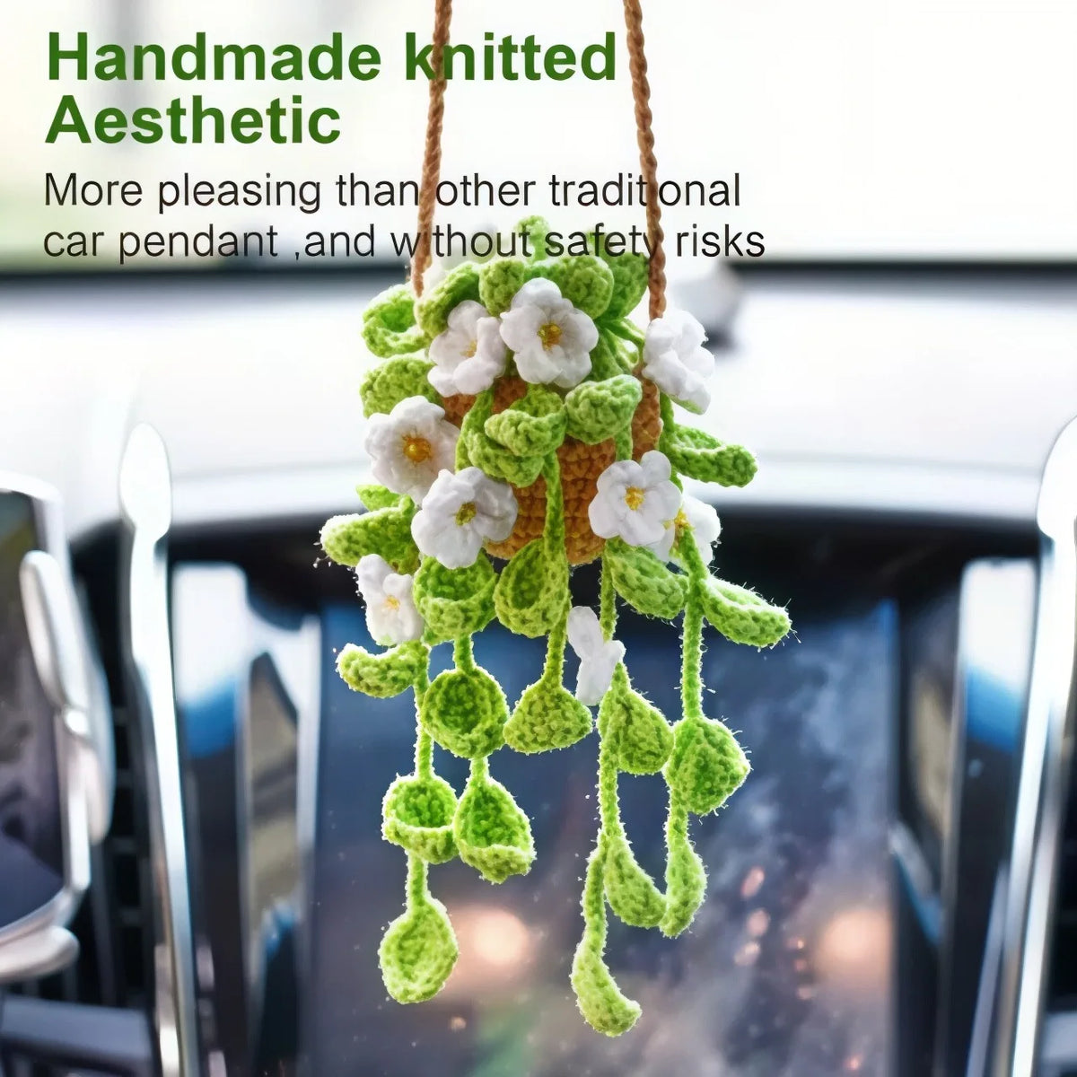 Handmade knitted aesthetic strawberry crochet hanging car pendant with white and green flowers