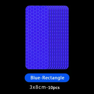Pile de 10 autocollants réfléchissants rectangulaires bleus pour sécurité des portes, mesurant 3x8cm.