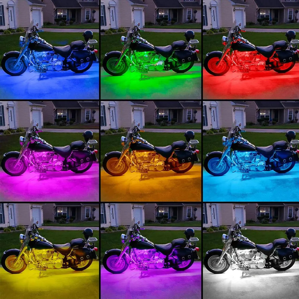 Various motorcycles illuminated by colorful RGB LED atmosphere lights