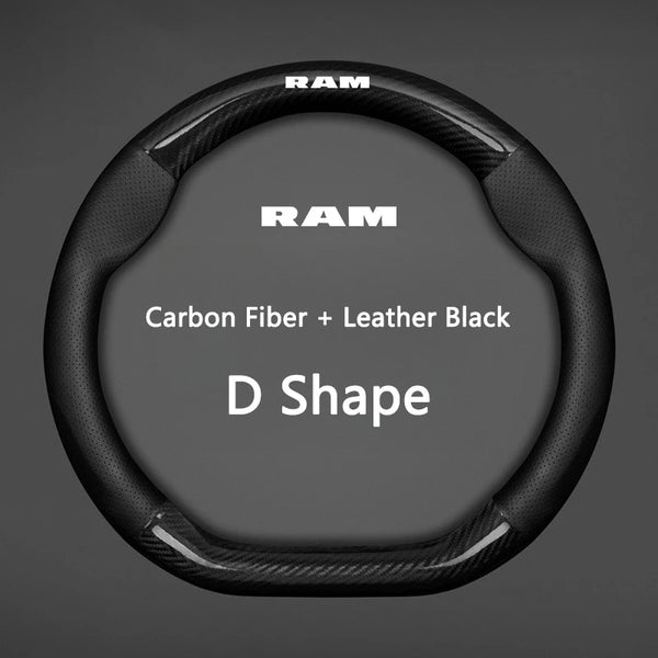 Black RAM steering wheel cover with a D shape design made of carbon fiber and leather.