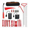 A professional car door repair and alignment tool kit showing various red and black tools and accessories.