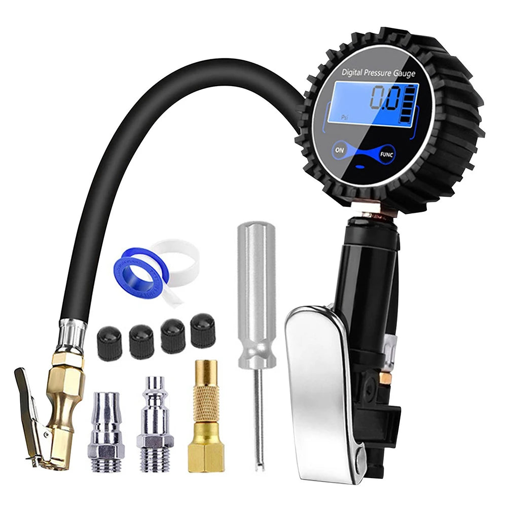 A digital tire pressure gauge with a black hose, LCD display, and various adapters is shown.
