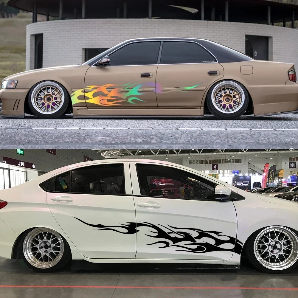 A tan sedan features black flame vinyl decals on the side and custom wheels.